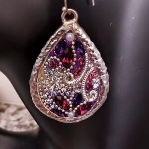 Orna Lalo Israel 925 Sterling Silver Purple Red Crystal Pearl Teardrop Earrings